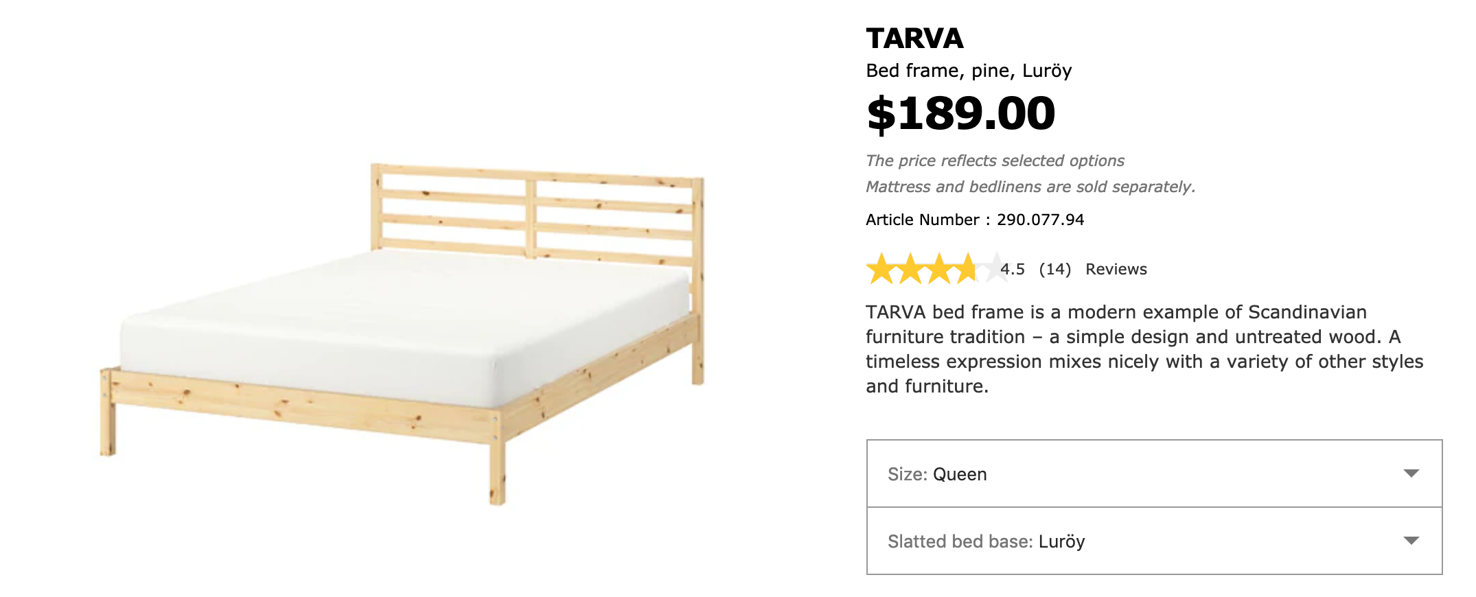 Tarva bed from IKEA, price $189