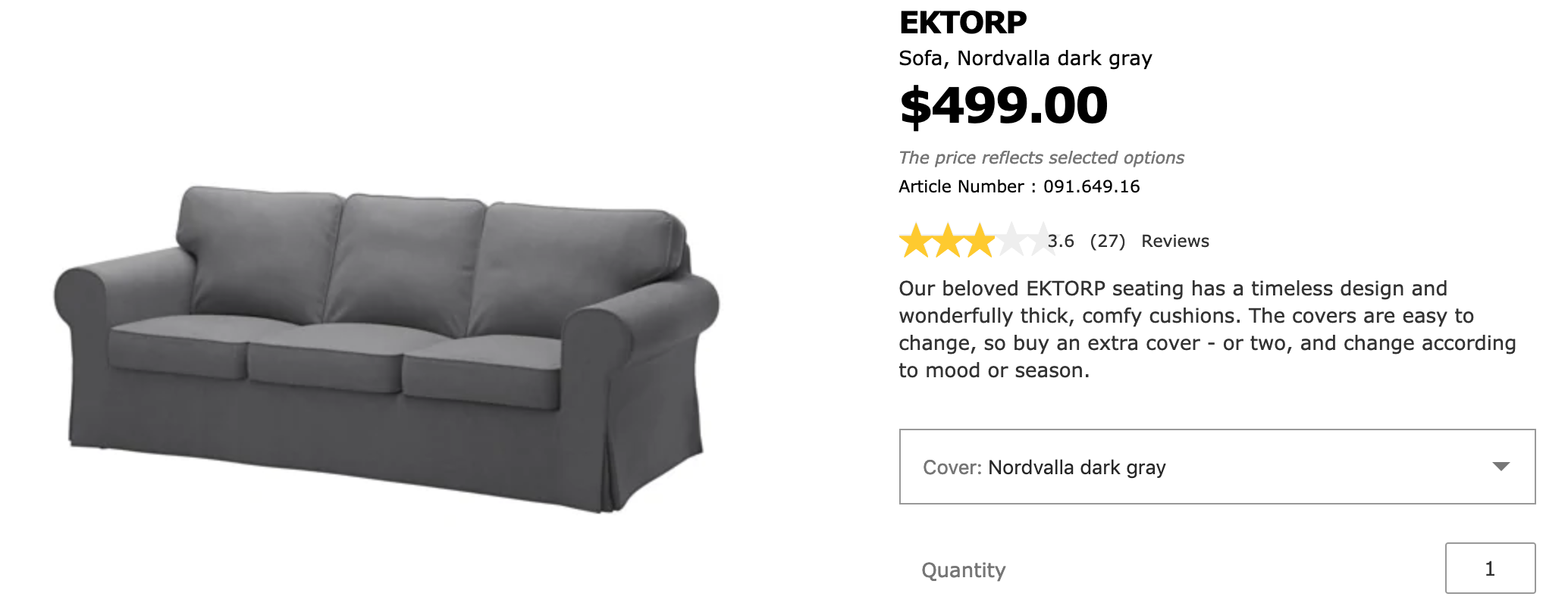 IKEA's Ektorp sofa in dark gray, $499